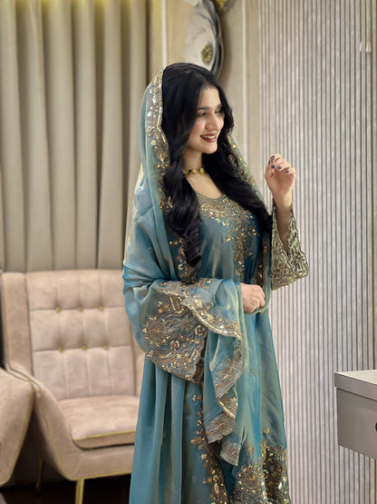 NC Moss Silk Kurti, Plazzo & Dupatta Set with Heavy Sequin & Zari Embroidery