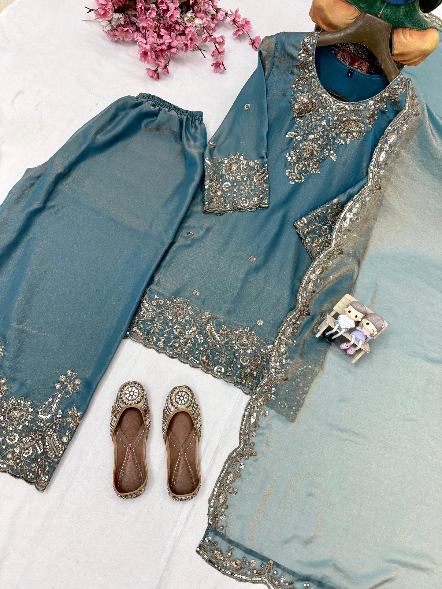 NC Moss Silk Kurti, Plazzo & Dupatta Set with Heavy Sequin & Zari Embroidery
