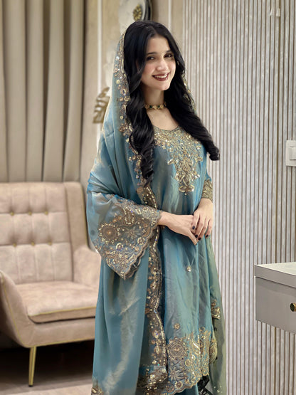 NC Moss Silk Kurti, Plazzo & Dupatta Set with Heavy Sequin & Zari Embroidery