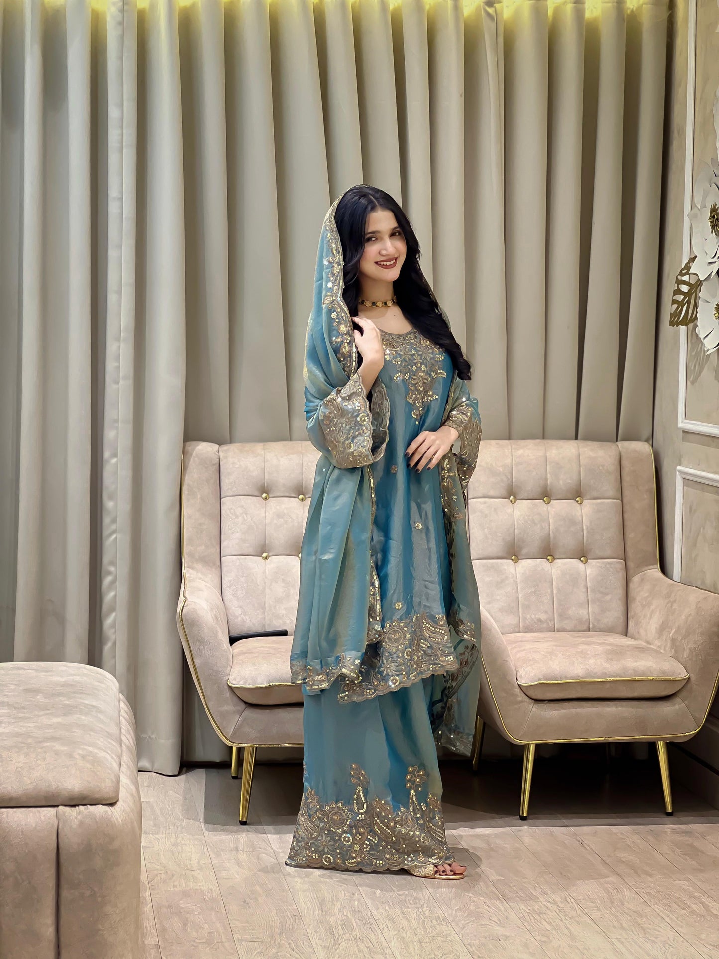 NC Moss Silk Kurti, Plazzo & Dupatta Set with Heavy Sequin & Zari Embroidery