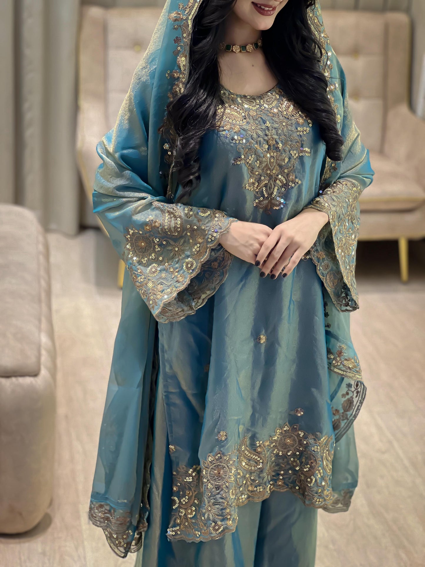 NC Moss Silk Kurti, Plazzo & Dupatta Set with Heavy Sequin & Zari Embroidery