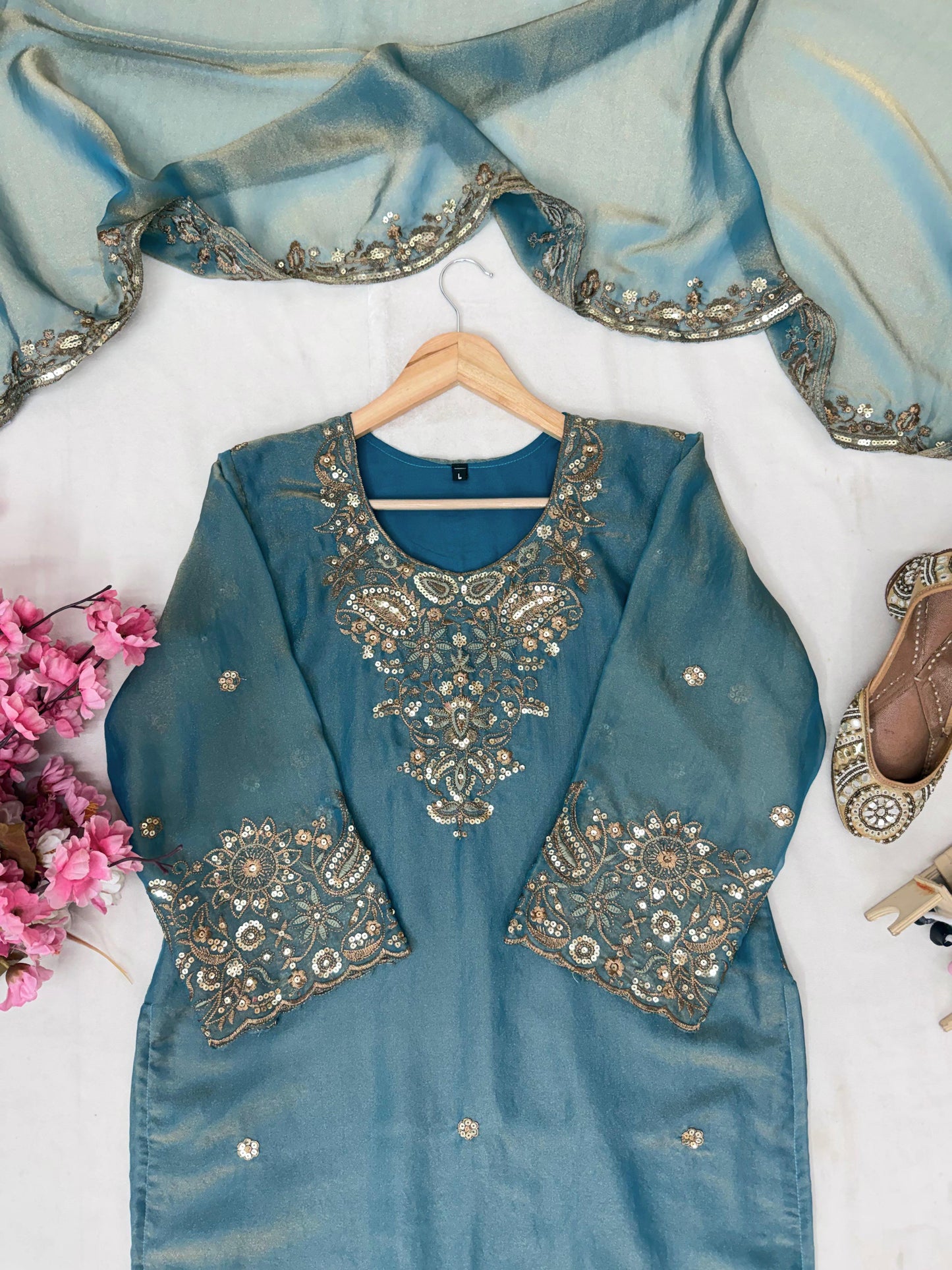 NC Moss Silk Kurti, Plazzo & Dupatta Set with Heavy Sequin & Zari Embroidery