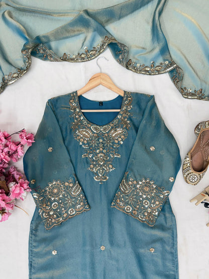NC Moss Silk Kurti, Plazzo & Dupatta Set with Heavy Sequin & Zari Embroidery