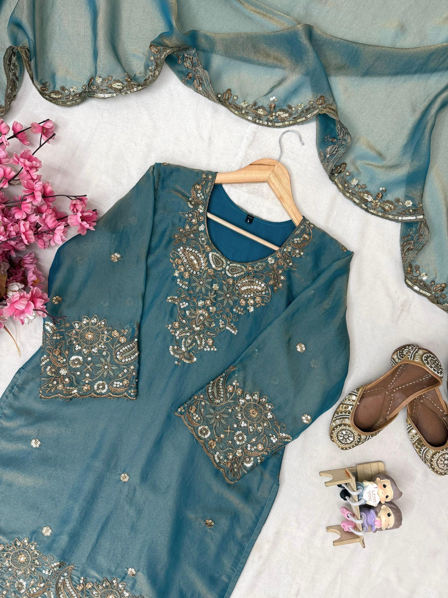 NC Moss Silk Kurti, Plazzo & Dupatta Set with Heavy Sequin & Zari Embroidery