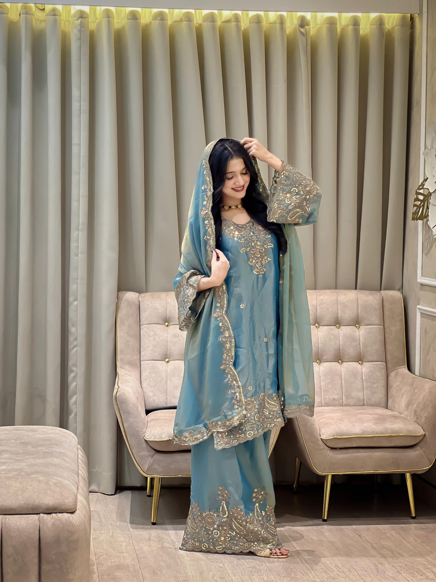 NC Moss Silk Kurti, Plazzo & Dupatta Set with Heavy Sequin & Zari Embroidery