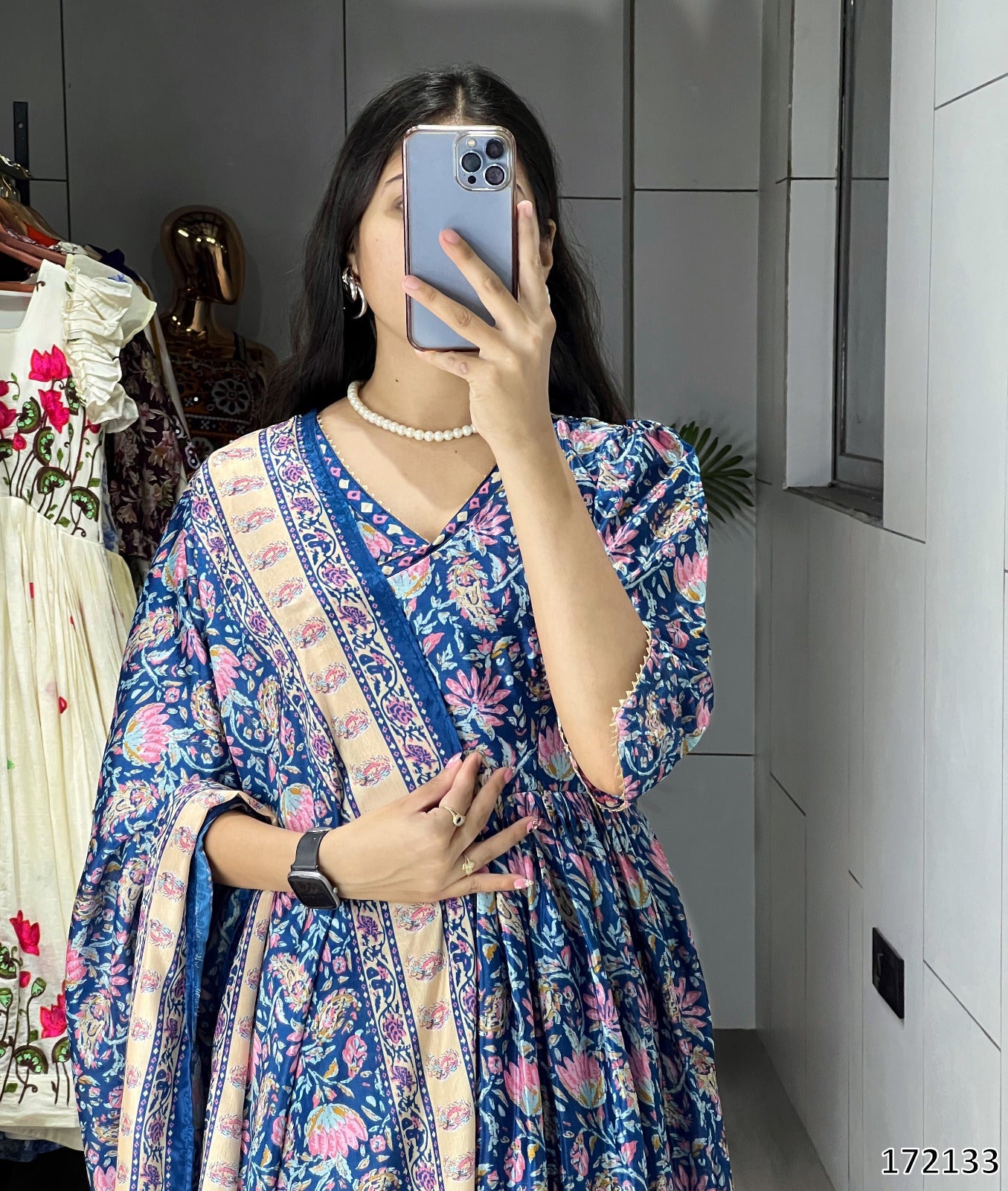 Printed Heavy Chinon Floral Gown with Dupatta – Elegant Long Dress