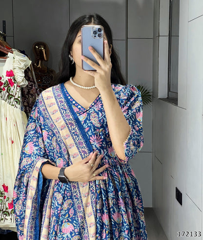 Printed Heavy Chinon Floral Gown with Dupatta – Elegant Long Dress