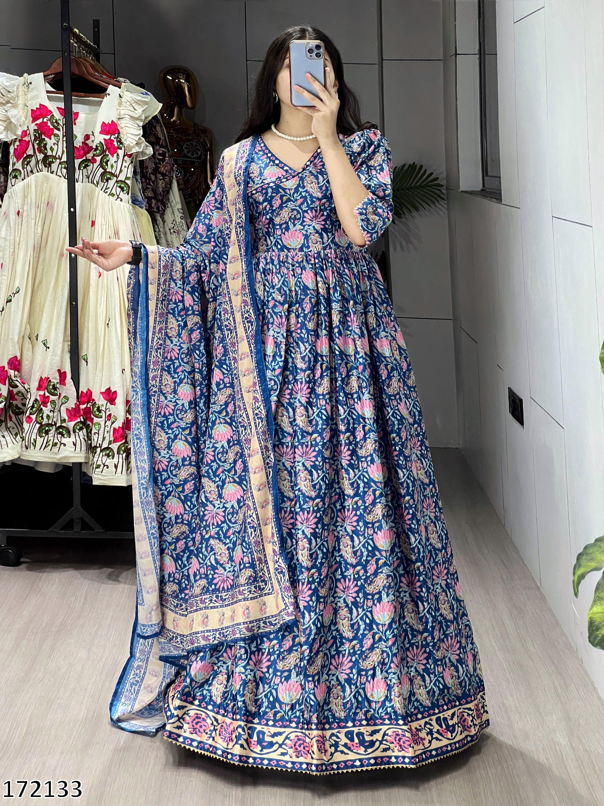 Printed Heavy Chinon Floral Gown with Dupatta – Elegant Long Dress