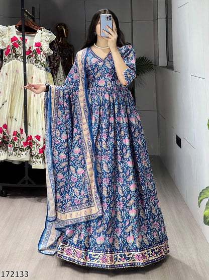 Printed Heavy Chinon Floral Gown with Dupatta – Elegant Long Dress