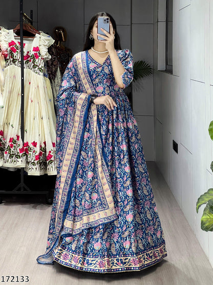 Printed Heavy Chinon Floral Gown with Dupatta – Elegant Long Dress