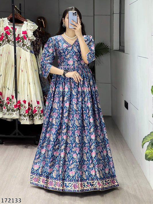 Printed Heavy Chinon Floral Gown with Dupatta – Elegant Long Dress