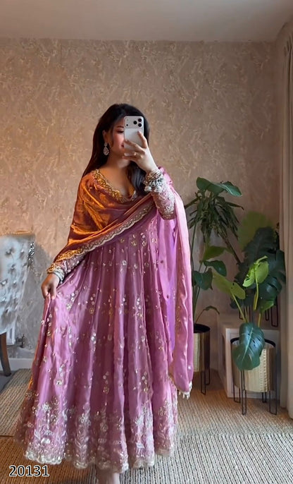 Designer Party Wear Fandy Silk Gown Set with Dupatta &amp; Pant