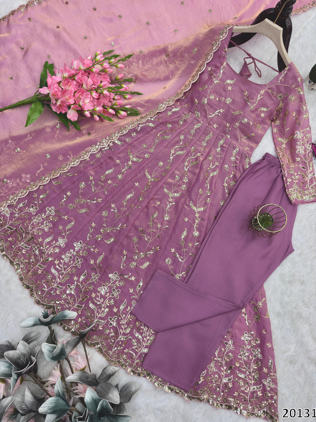 Designer Party Wear Fandy Silk Gown Set with Dupatta &amp; Pant
