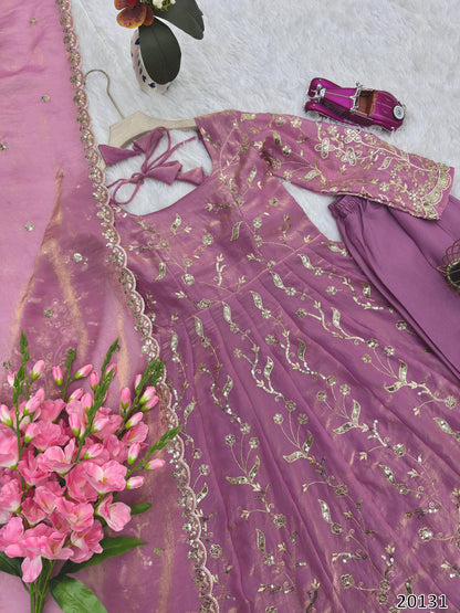 Designer Party Wear Fandy Silk Gown Set with Dupatta &amp; Pant