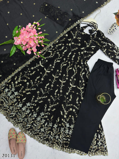 Designer Party Wear Fandy Silk Gown Set with Dupatta &amp; Pant