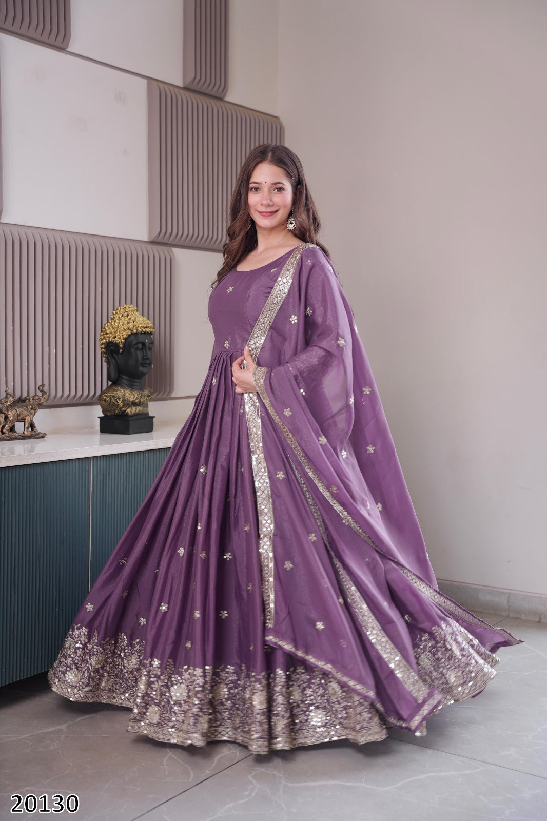 Designer Party Wear Diamond Silk Gown with Embroidered Dupatta