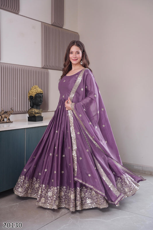 Designer Party Wear Diamond Silk Gown with Embroidered Dupatta