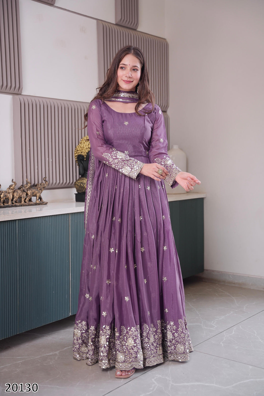 Designer Party Wear Diamond Silk Gown with Embroidered Dupatta