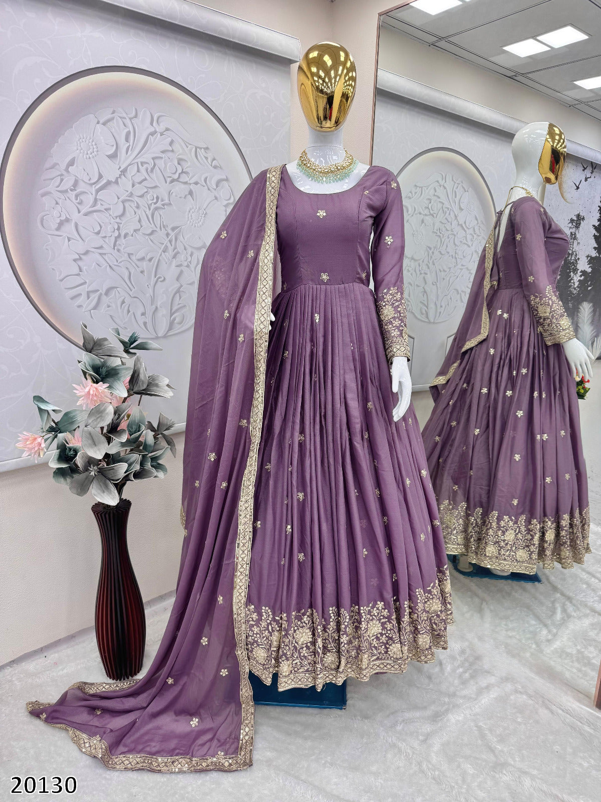 Designer Party Wear Diamond Silk Gown with Embroidered Dupatta