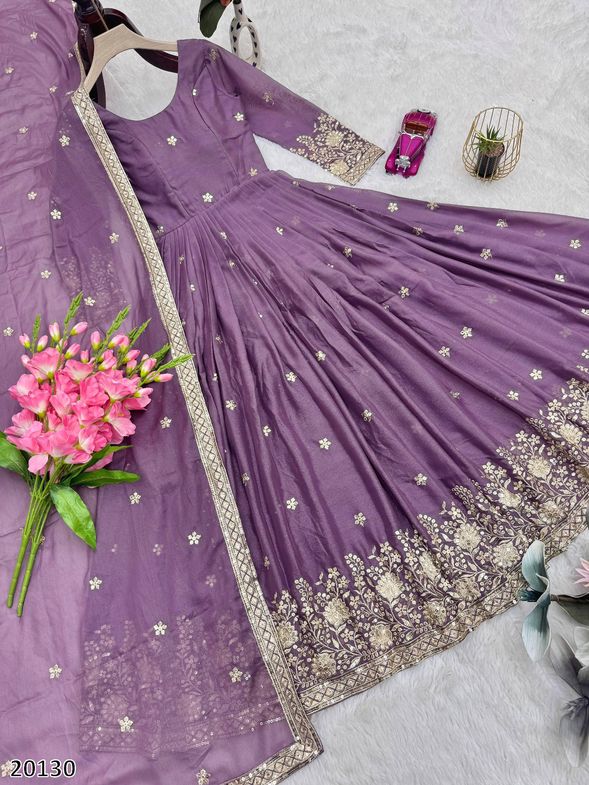 Designer Party Wear Diamond Silk Gown with Embroidered Dupatta