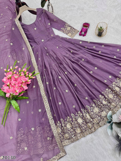 Designer Party Wear Diamond Silk Gown with Embroidered Dupatta