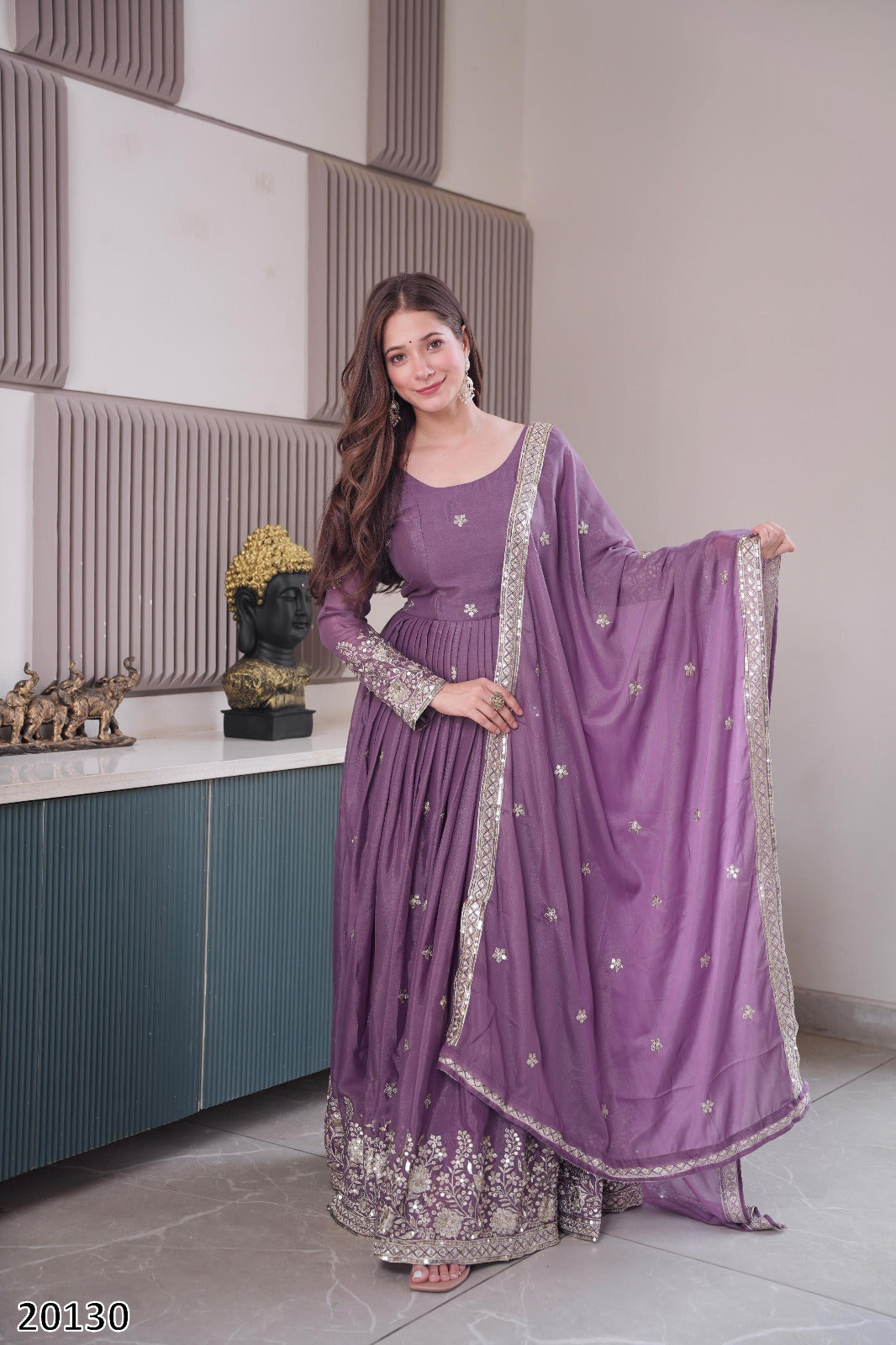 Designer Party Wear Diamond Silk Gown with Embroidered Dupatta