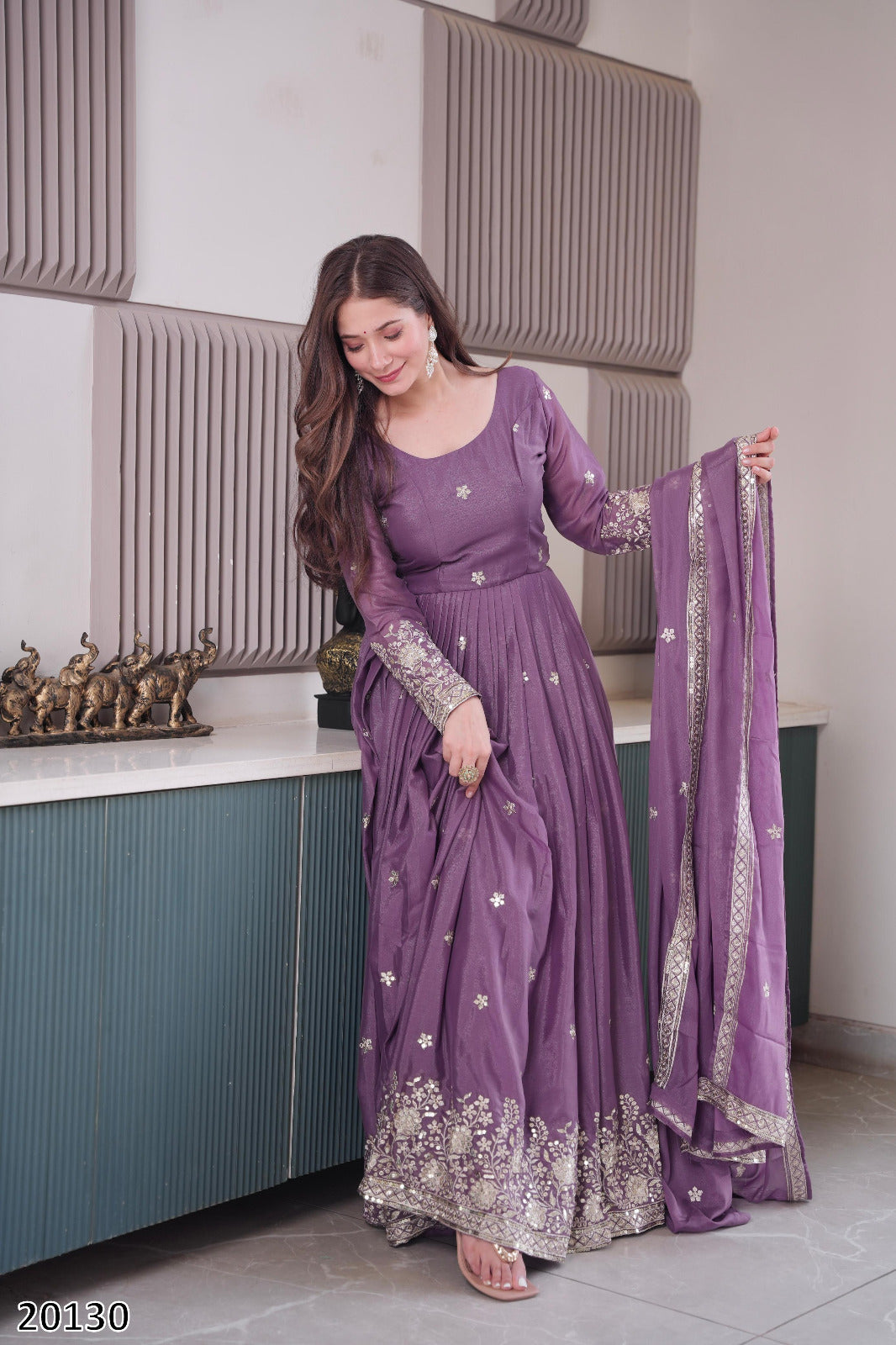 Designer Party Wear Diamond Silk Gown with Embroidered Dupatta