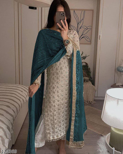 Designer Fox Georgette Top &amp; Pant Set with Dupatta | Sequin Embroidery &amp; Real Mirror Work