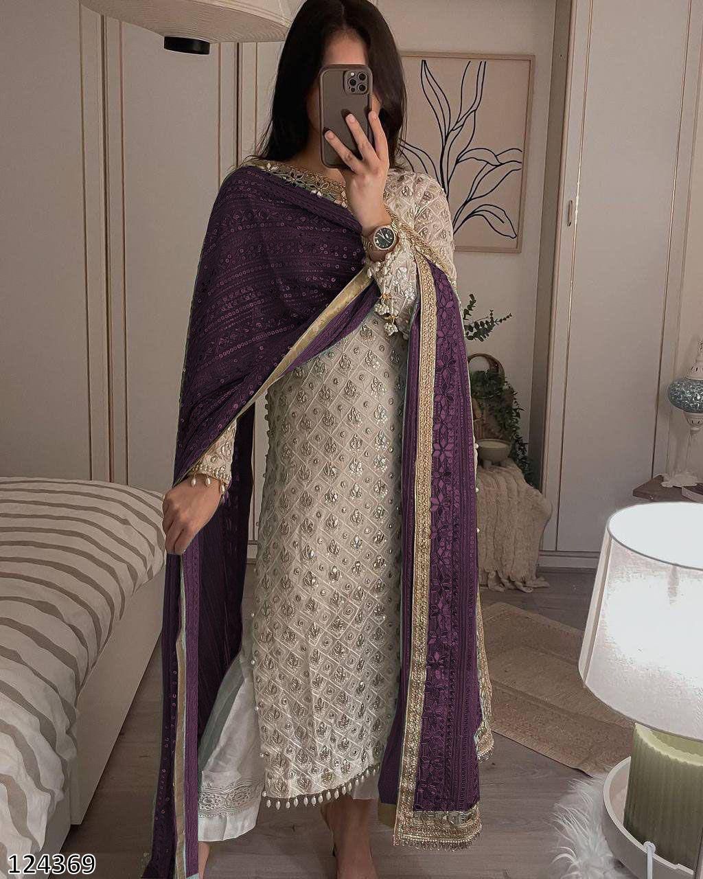 Designer Fox Georgette Top &amp; Pant Set with Dupatta | Sequin Embroidery &amp; Real Mirror Work