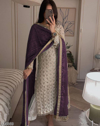 Designer Fox Georgette Top &amp; Pant Set with Dupatta | Sequin Embroidery &amp; Real Mirror Work