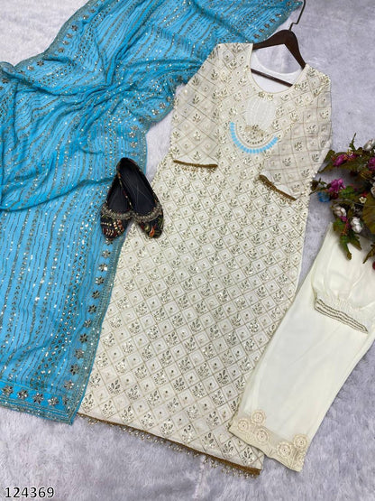 Designer Fox Georgette Top &amp; Pant Set with Dupatta | Sequin Embroidery &amp; Real Mirror Work