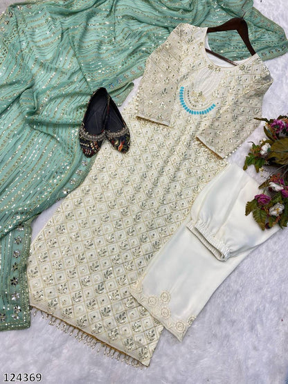 Designer Fox Georgette Top &amp; Pant Set with Dupatta | Sequin Embroidery &amp; Real Mirror Work