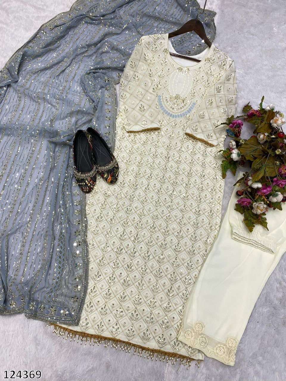 Designer Fox Georgette Top &amp; Pant Set with Dupatta | Sequin Embroidery &amp; Real Mirror Work