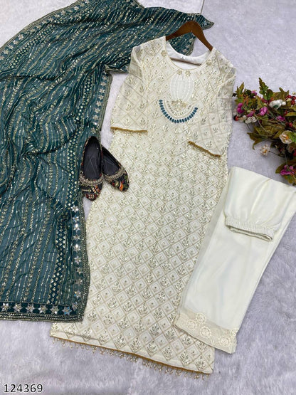 Designer Fox Georgette Top &amp; Pant Set with Dupatta | Sequin Embroidery &amp; Real Mirror Work