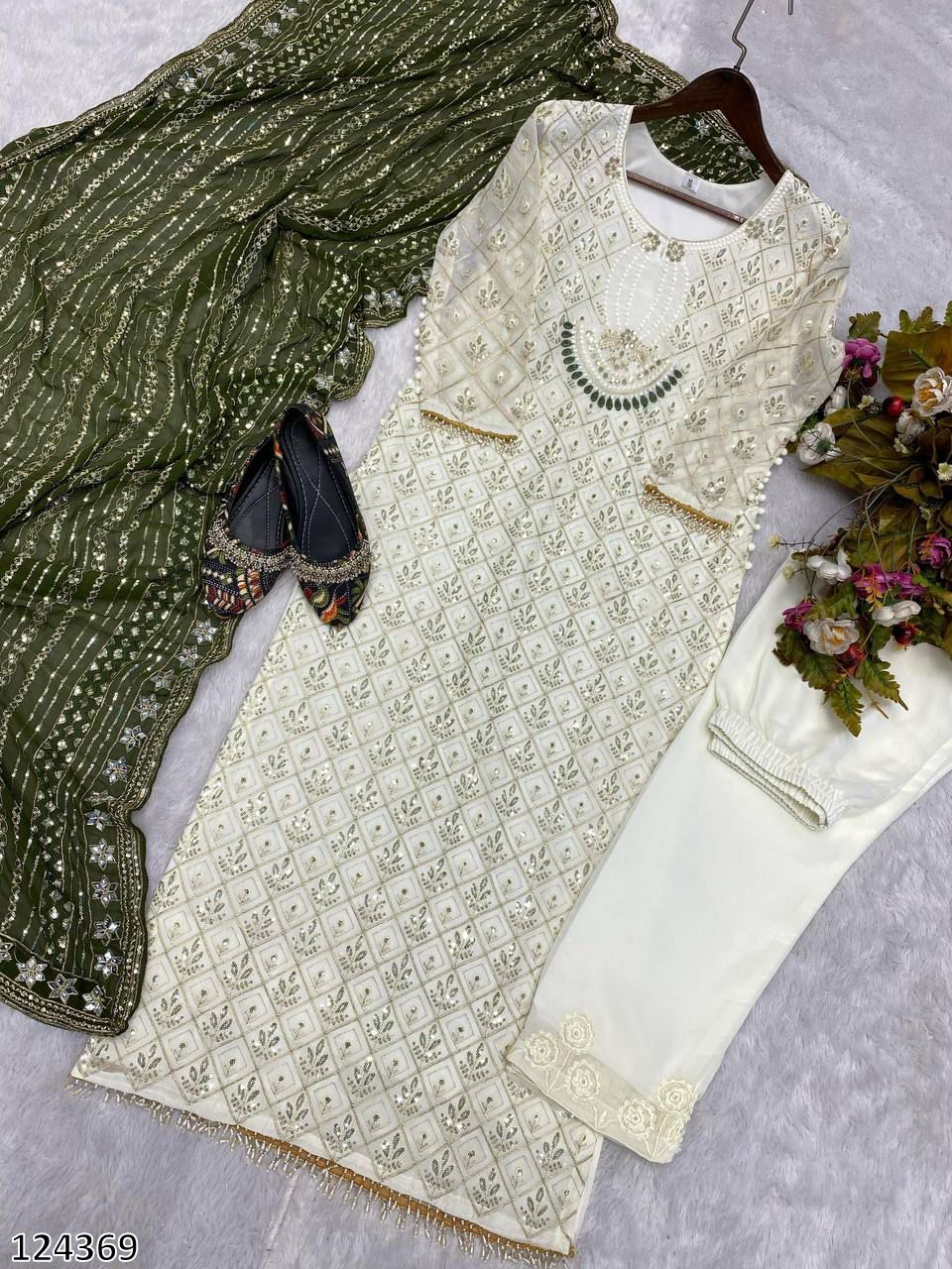 Designer Fox Georgette Top &amp; Pant Set with Dupatta | Sequin Embroidery &amp; Real Mirror Work