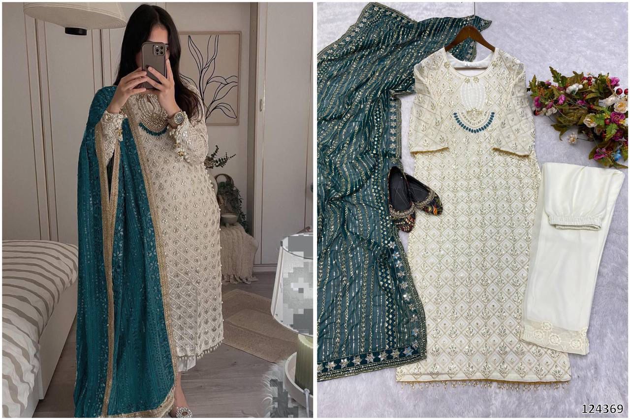 Designer Fox Georgette Top &amp; Pant Set with Dupatta | Sequin Embroidery &amp; Real Mirror Work