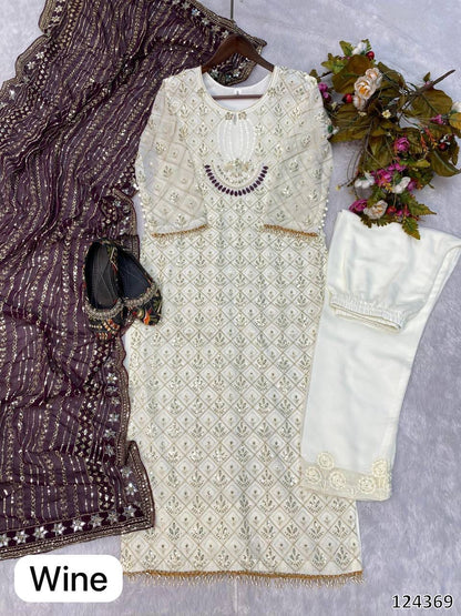 Designer Fox Georgette Top &amp; Pant Set with Dupatta | Sequin Embroidery &amp; Real Mirror Work