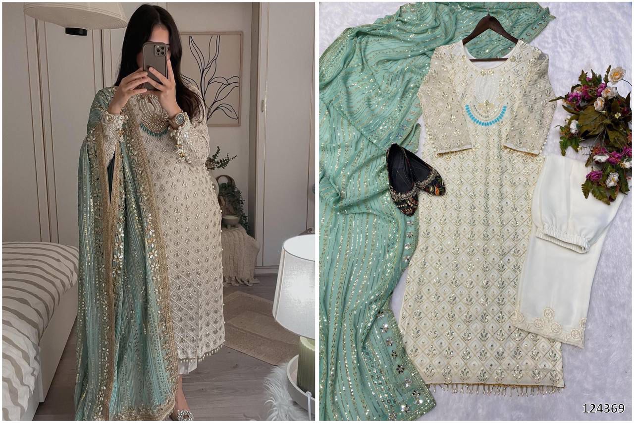 Designer Fox Georgette Top &amp; Pant Set with Dupatta | Sequin Embroidery &amp; Real Mirror Work