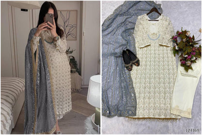 Designer Fox Georgette Top &amp; Pant Set with Dupatta | Sequin Embroidery &amp; Real Mirror Work