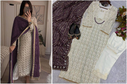 Designer Fox Georgette Top &amp; Pant Set with Dupatta | Sequin Embroidery &amp; Real Mirror Work