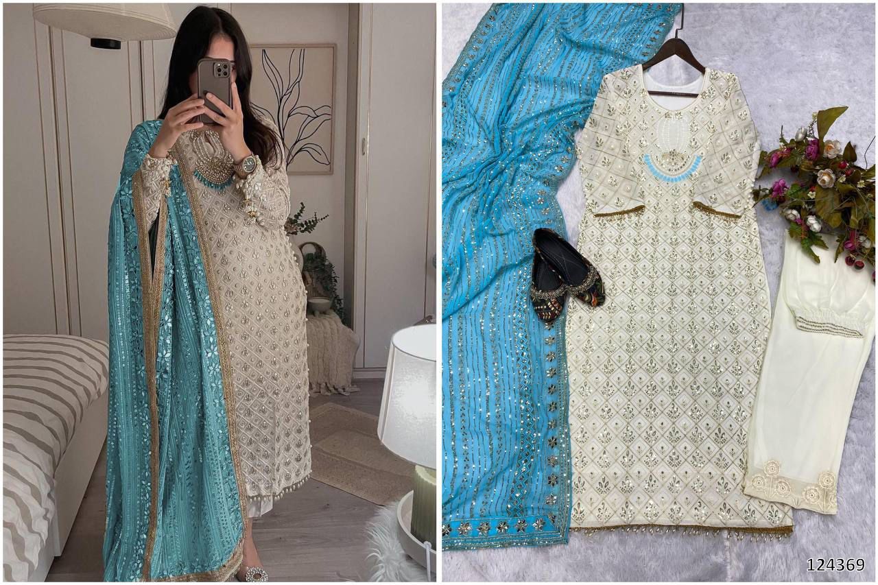 Designer Fox Georgette Top &amp; Pant Set with Dupatta | Sequin Embroidery &amp; Real Mirror Work