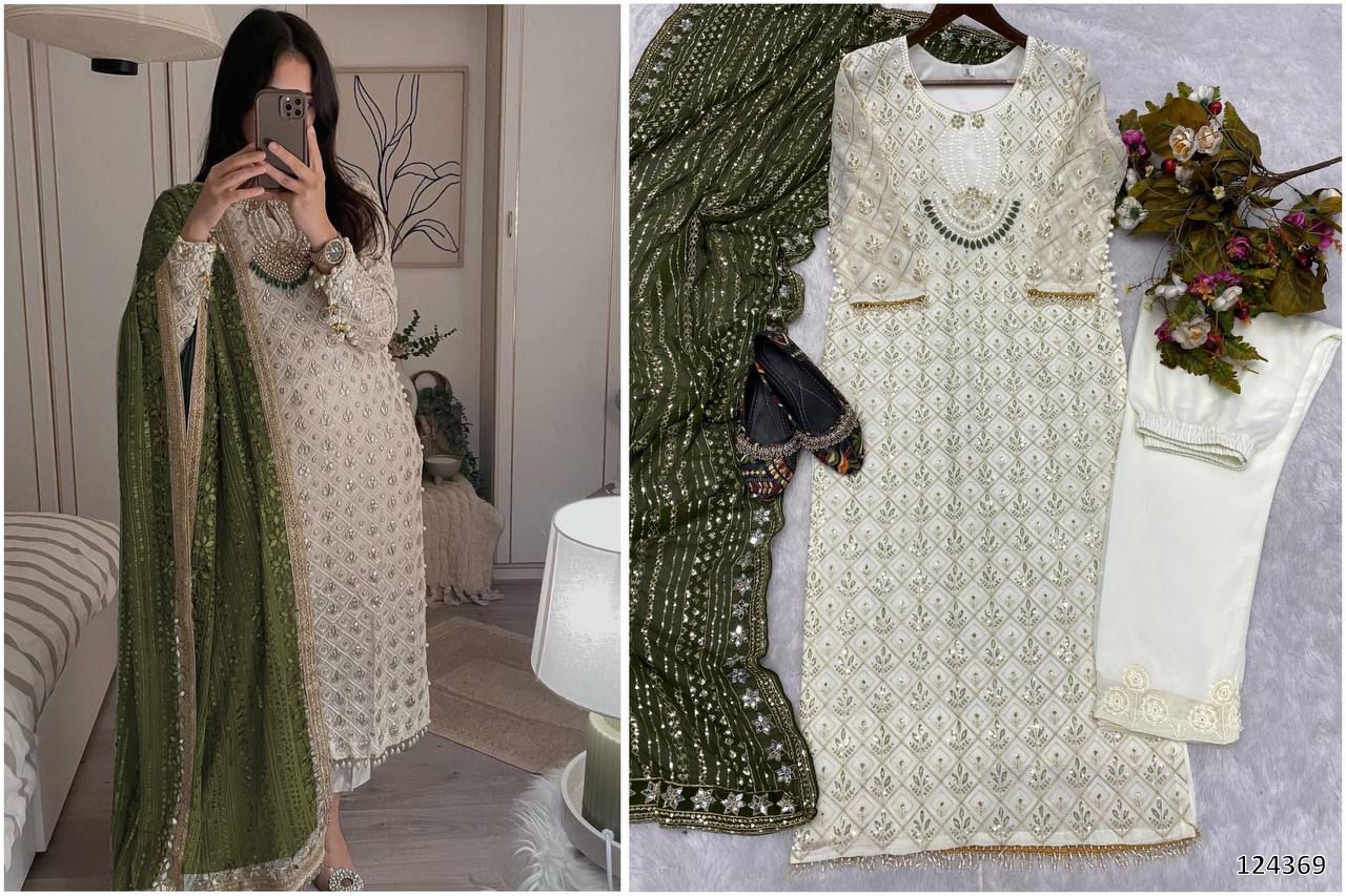 Designer Fox Georgette Top &amp; Pant Set with Dupatta | Sequin Embroidery &amp; Real Mirror Work