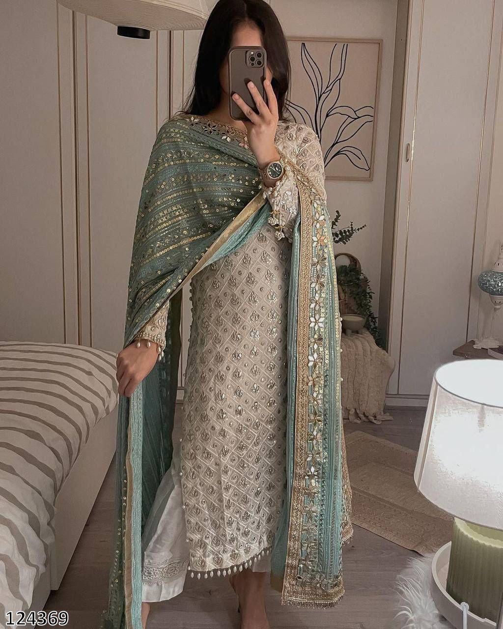 Designer Fox Georgette Top &amp; Pant Set with Dupatta | Sequin Embroidery &amp; Real Mirror Work