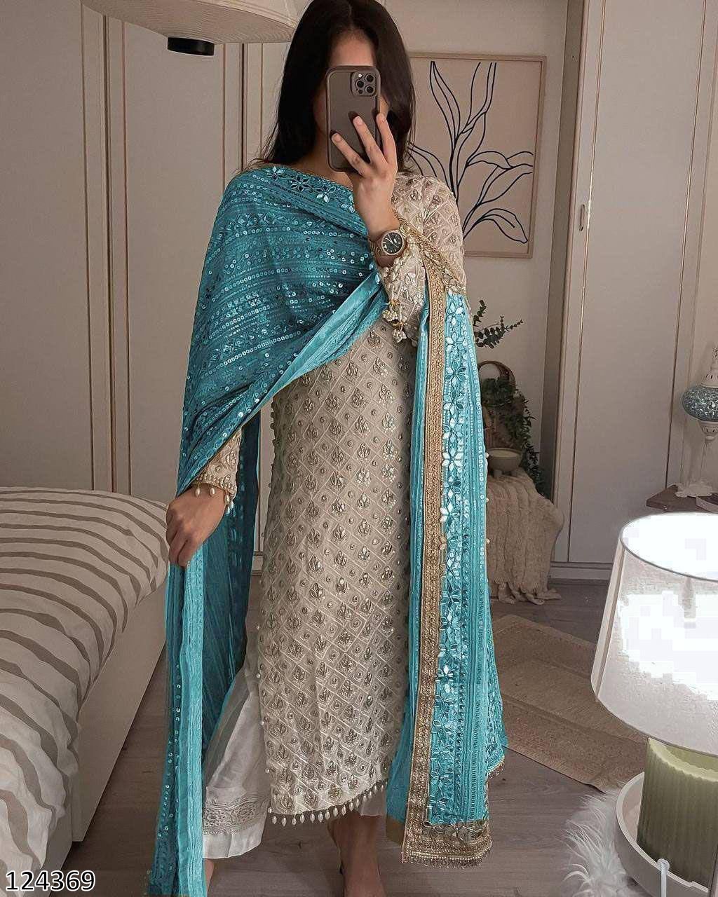 Designer Fox Georgette Top &amp; Pant Set with Dupatta | Sequin Embroidery &amp; Real Mirror Work