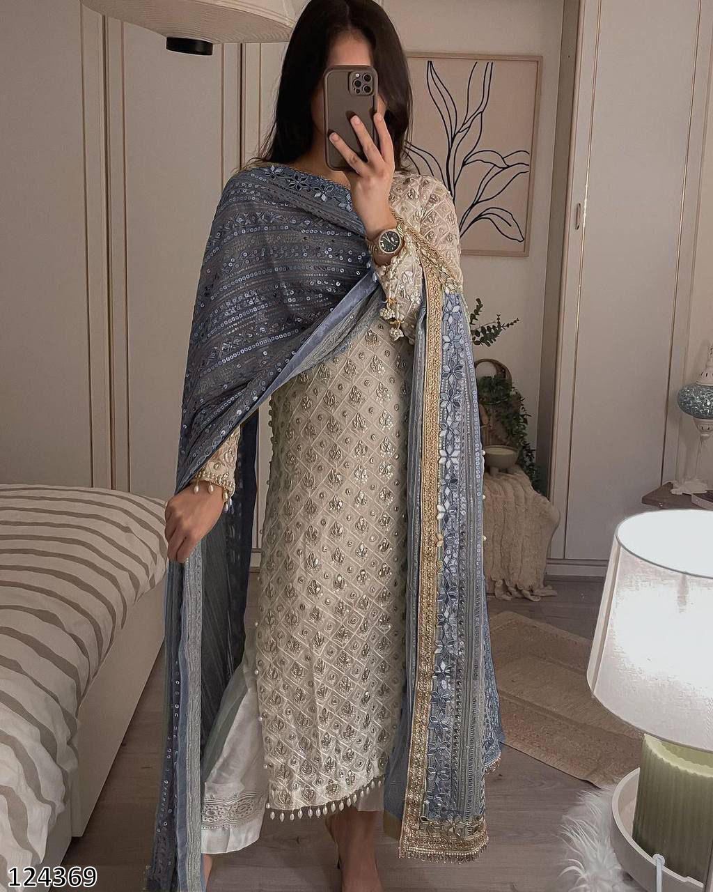 Designer Fox Georgette Top &amp; Pant Set with Dupatta | Sequin Embroidery &amp; Real Mirror Work