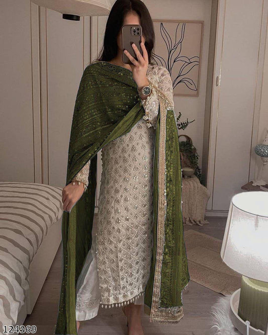 Designer Fox Georgette Top &amp; Pant Set with Dupatta | Sequin Embroidery &amp; Real Mirror Work