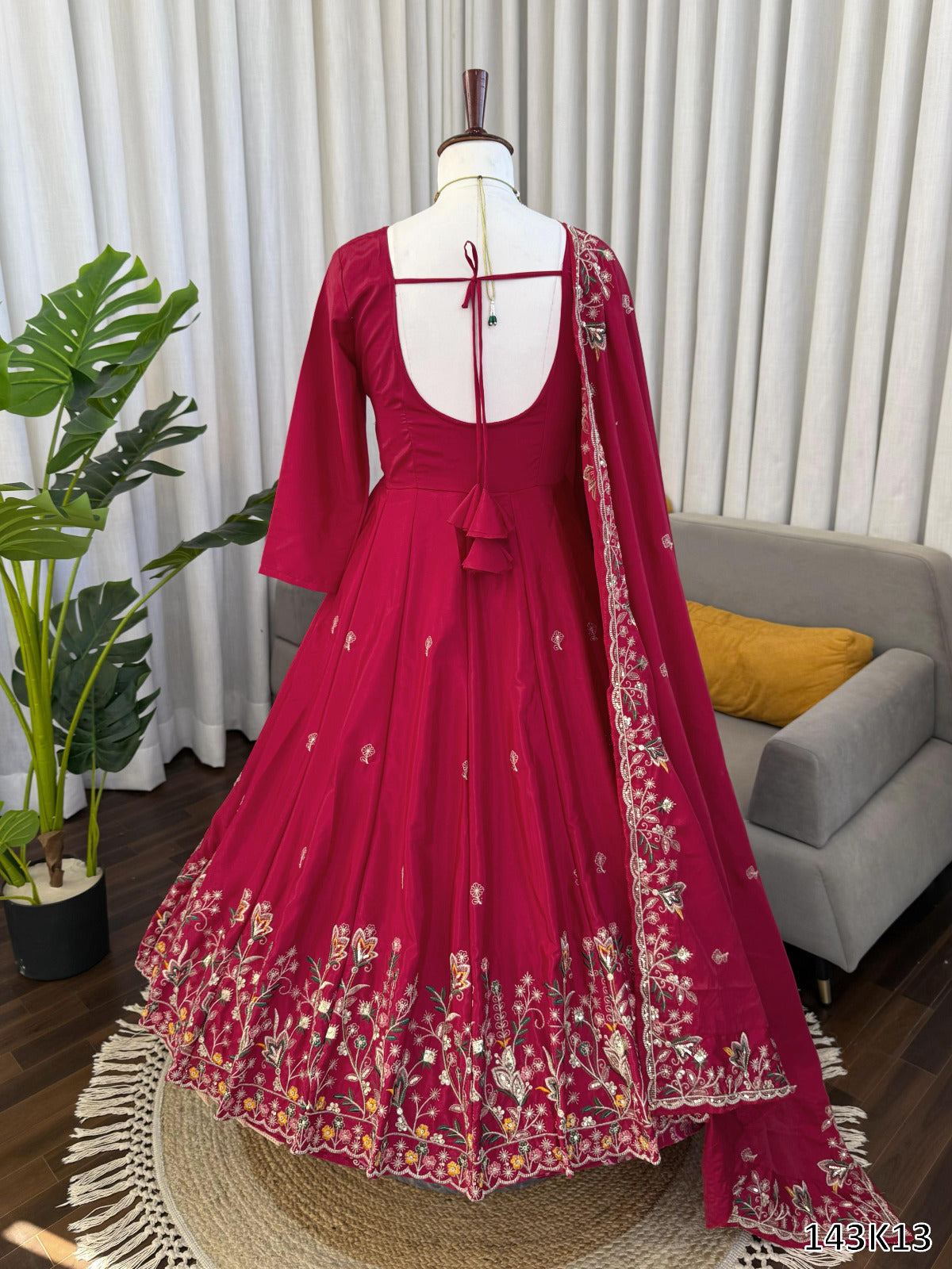 Designer Natural Crepe Silk Anarkali Plazzo Set with Dupatta | Thread &amp; Sequin Embroidery