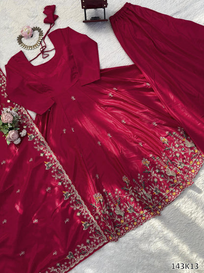 Designer Natural Crepe Silk Anarkali Plazzo Set with Dupatta | Thread &amp; Sequin Embroidery