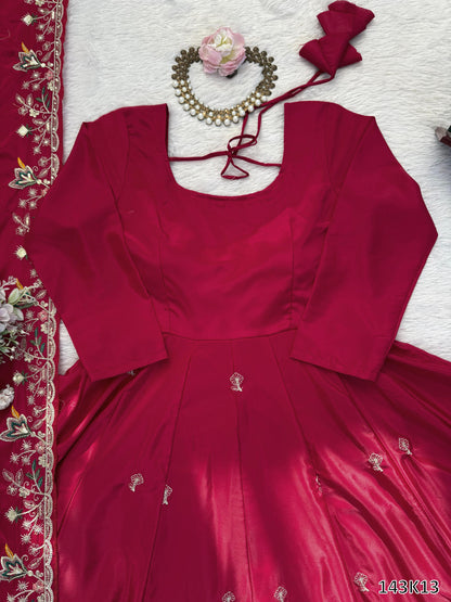 Designer Natural Crepe Silk Anarkali Plazzo Set with Dupatta | Thread &amp; Sequin Embroidery