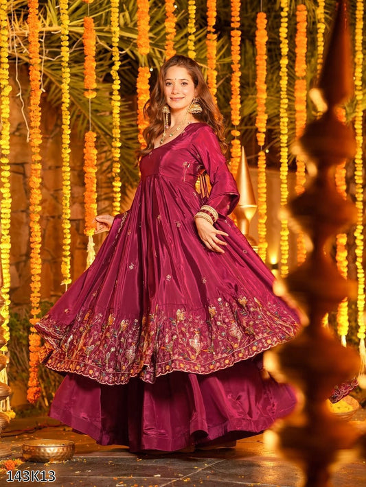 Designer Natural Crepe Silk Anarkali Plazzo Set with Dupatta | Thread &amp; Sequin Embroidery